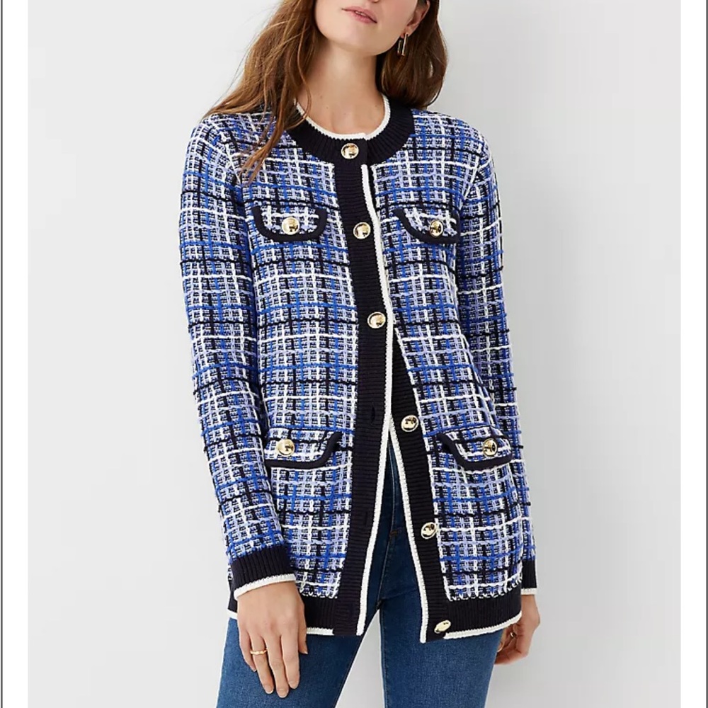 Ann Taylor White and Blue Cardigan Sweater